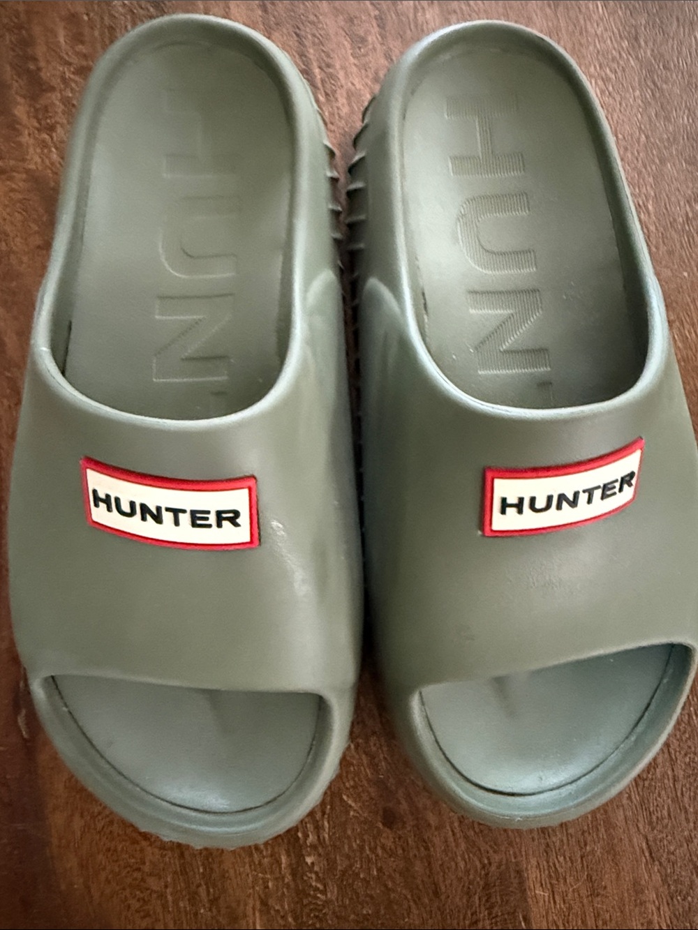 Hunter Olive Slide Sandals with Red-Trim Logo